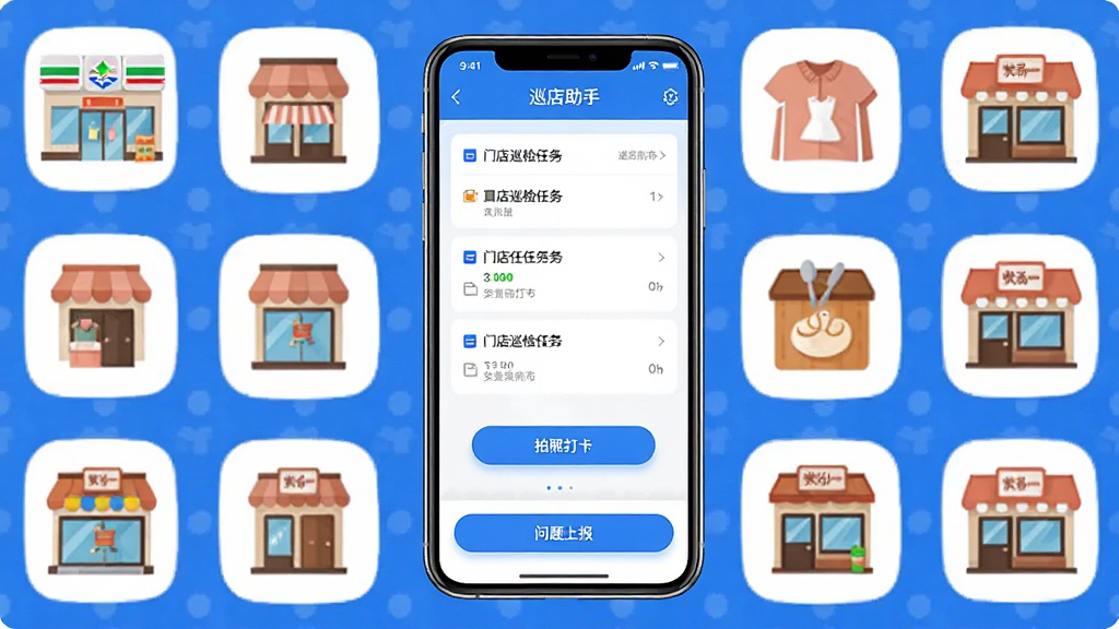 һ��չʾ��Ѳ�����֡�App���Ľ�����ֻ�����ͼ���ֻ���Ļ����ʾ�ŵ�Ѳ�������б������մ򿨰�ť�������ϱ���ڣ�����������Ϊ��ɫ����������������Χ�����ű����ꡢ��װ�ꡢ�������С���ŵ�ͼ�꣬������ִ������ʸɾ����޶���Ԫ��