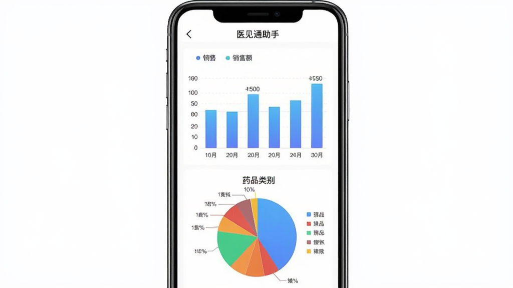 ����������ҽ��ͨ����App����������ͳ��ҳ�棬����Ϊ�ֻ���Ļ����չʾ����Ļ����ʾ��״ͼ�ͱ�״ͼ���Ű�Ϊ���½ṹ�����Ϊ�������ݷ磬ϸ������״ͼ����ɫ�����ʾ���۶��״ͼ�ö�ɫ����ҩƷ��𣬱���Ϊ��ɫ�����ʸ��壬�޶���Ԫ�أ�ͼƬ�����ֱ�ע��ҽ��ͨ���֡���