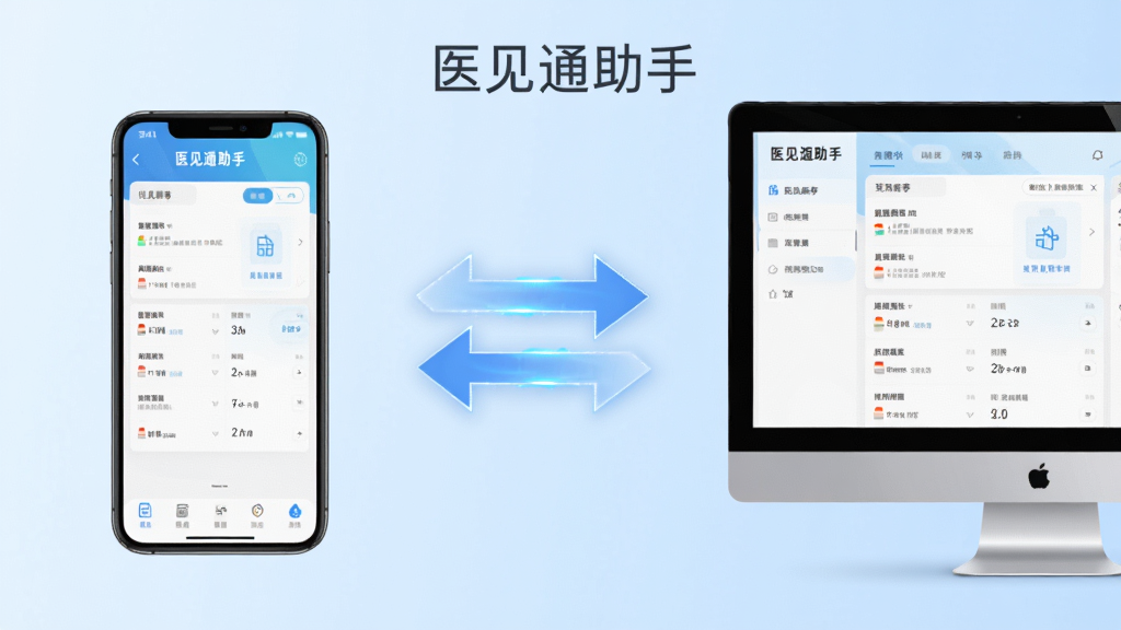 ����������ҽ��ͨ����App�Ķ��ͬ��ʾ��ͼ������Ϊ����ֻ����Ҳ������Ļ����չʾ���м���˫���ͷ���ӣ��Ű�Ϊ���ҶԳƽṹ�����Ϊ�Ƽ���Լ�磬ϸ�����ֻ��͵�����Ļ����ʾ��ͬ��ҩƷ�����棬��ͷ���з���Ч��������Ϊ����ɫ���䣬�����������޶���Ԫ�أ�ͼƬ�����ֱ�ע��ҽ��ͨ���֡���