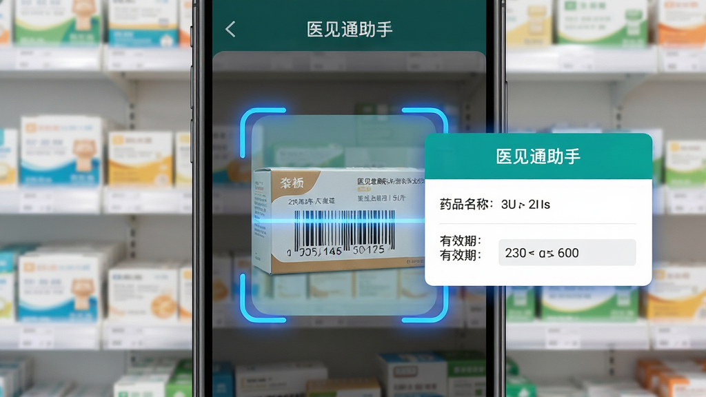 ����������ҽ��ͨ����App��ɨ�������棬����Ϊ�ֻ���Ļ����չʾ����Ļ����ʾɨ����׼ҩ�������룬�Աߵ���ҩƷ��Ϣ¼��ɹ�����ʾ��Ƭ���Ű������ˣ����Ϊдʵ�Ƽ��磬ϸ����ɨ��������ɫ��Ч����Ƭ����ʾҩƷ���ƺ���Ч���ֶΣ�����Ϊ�ɾ���ҩ������黯Ч���������������޶���Ԫ�أ�ͼƬ�����ֱ�ע��ҽ��ͨ���֡���
