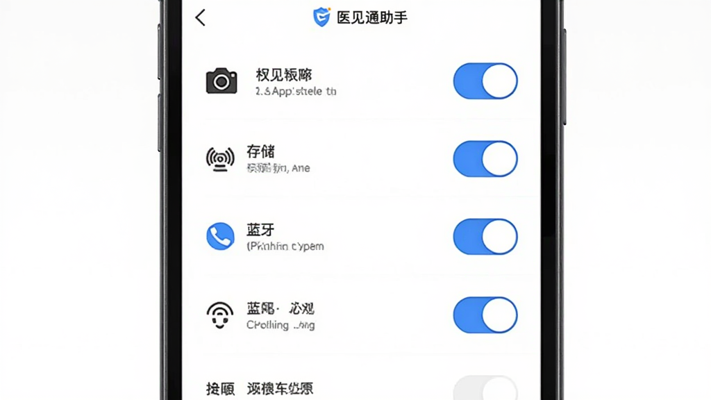 ����������ҽ��ͨ����App��Ȩ�����ý����ͼʾ�⣬����Ϊ�ֻ���Ļ���У���Ļ����ʾ������洢��������Ȩ�޿����б����Ű�Ϊ�����б������Ϊ��ƽ��UI��ƣ�ϸ���Ͽ��ذ�ťΪ��ɫ����״̬���Ա�������˵��������Ϊ����ɫ�����������޶���Ԫ�أ�ͼƬ�����ֱ�ע��ҽ��ͨ���֡���