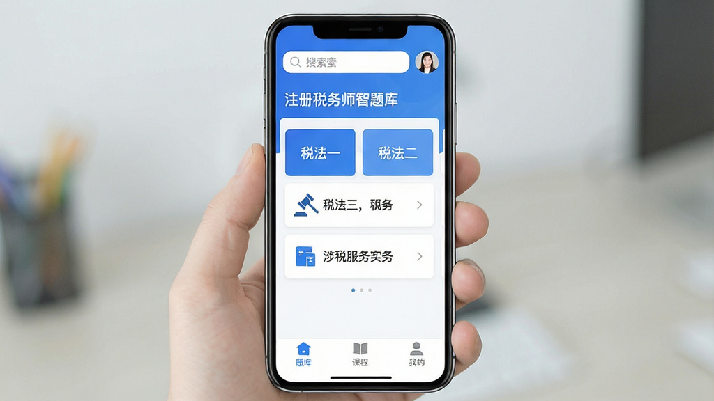 һ���ֻ���Ļչʾ��ע��˰��ʦ����⡱APP�������ͼƬ�����涥����ʾ��������û�ͷ���м���˰��һ��˰��������˰����ʵ��ȿ�Ŀ��ڿ�Ƭ���ײ�����⡢�γ̡��ҵ�����������ǩ������������ˬ��������ɫΪ�������������ɼ������ʸɾ����޶���Ԫ��