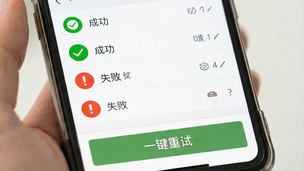 �ŷ�������ͼ�¼ҳ�棬�ֻ���Ļ��ʾ��Ϣ����״̬�б����ɹ���Ϊ��ɫ�Թ���ʧ����Ϊ��ɫ��̾�ţ��ײ��С�һ�����ԡ���ť�����沼����������ɫ�Ա����ԣ����ʸɾ��޶���Ԫ��