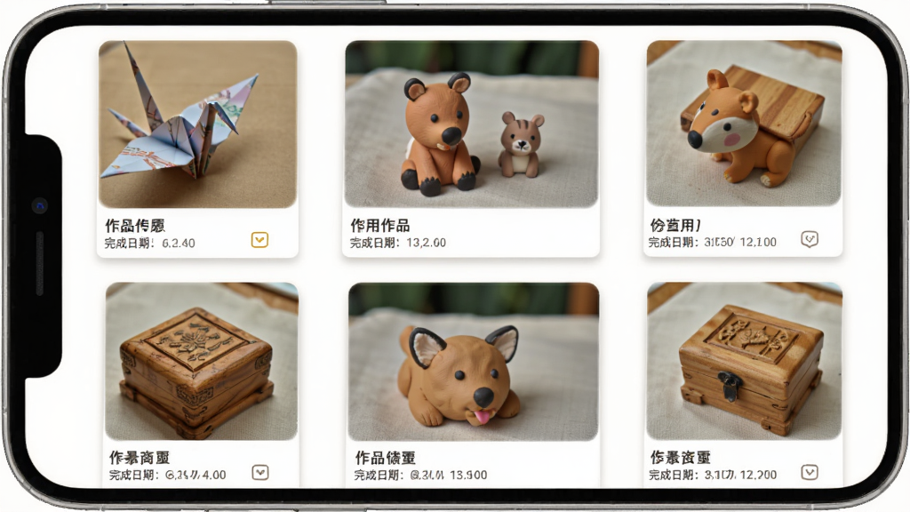 һ������App����Ʒչʾҳ�棬��������һ���ֻ����棬�����������������û��ϴ����ֹ���Ʒ��Ƭ������ֽ�ס����С�����ľ��С���ӣ�ÿ����Ƭ�·�����Ʒ���ƺ�������ڣ������Ű��࣬�����ů��ϸ������Ƭ�߽�����΢ͶӰ�����ʸɾ����޶���Ԫ��