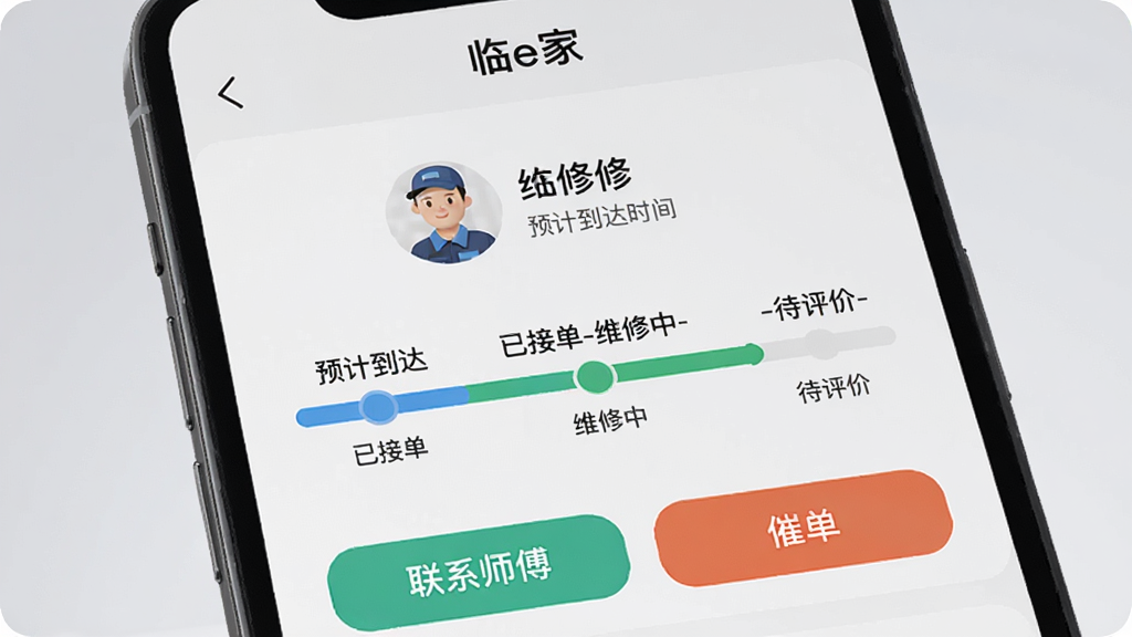 һ���ֻ���Ļ��д����ʾ����e�ҡ�App�ı��޽���ҳ�棬ҳ�������н�������ʾ���ѽӵ�-ά����-�����ۡ������׶Σ��Ϸ���ά��ʦ����ͷ���Ԥ�Ƶ���ʱ�䣬�·��С���ϵʦ�����͡��ߵ�����ť��������ǳ��ɫ�������ʵ�ã����������ɾ�