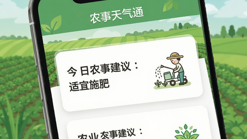 ũҵ����ͨũ�½�����棬�ֻ���Ļչʾһ�ſ�Ƭʽ�б�����Ƭ��д�š�����ũ�½��飺����ʩ�ʡ����Ա�����ʩ�ʵļ�ʻ�ͼ�꣬��������ɫ����Ұ���������������Ȼ�����������׶�������ƽ�������ʸɾ�