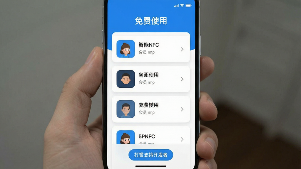 ����NFCԿ��App�Ľ����ͼ��������û���κι�����ͻ�Ա����������ɾ���࣬������ʾ�����ʹ�á��������м��ǿ�Ƭ�б����ײ��С�����֧�ֿ����ߡ���С��ť��������£�������ɫ�����ʸɾ����޶���Ԫ��