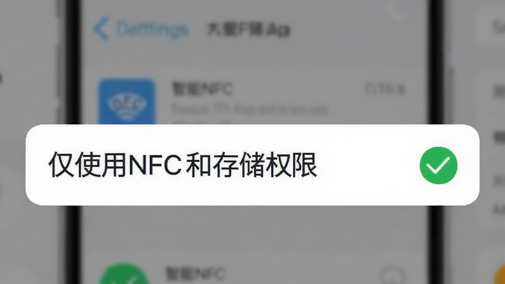 ����NFCԿ��App��Ȩ�����ý����ͼ����Ļ����ʾ����ʹ��NFC�ʹ洢Ȩ�ޡ����Ա�����ɫ�Ĺ�ѡ��ǣ��������ֻ�����ҳ���ģ��Ч��������ǿ����ȫ��˽�������࣬���ʸɾ����޶���Ԫ��