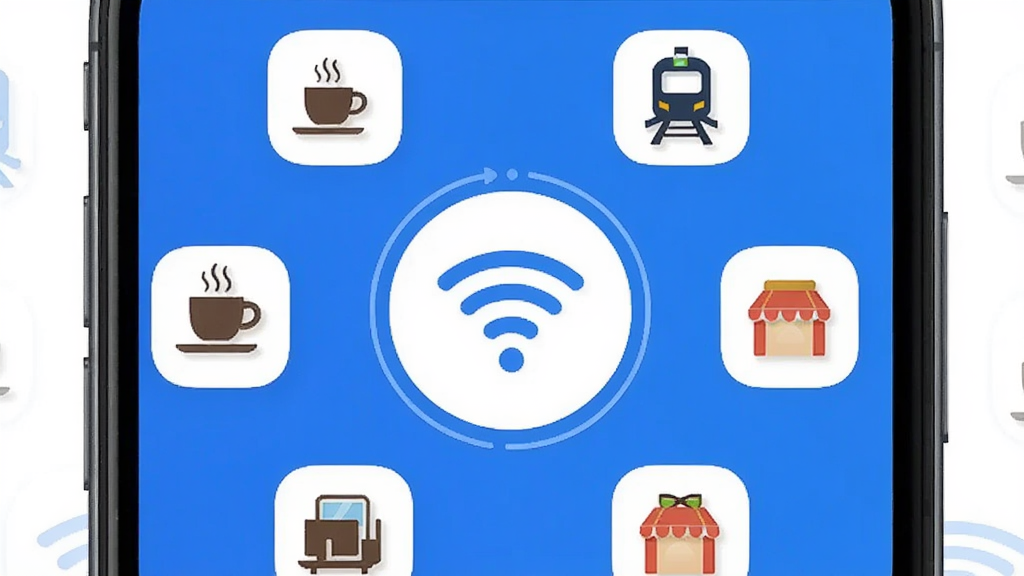 һ��չʾ��������App��������ֻ���ͼ��������������Ŀ��WiFi���Ӱ�ť����Χ�����ſ�����������վ���̳��ȳ���ͼ�꣬������������ɫΪ����������ִ������ʸɾ��������޶���Ԫ�ء�