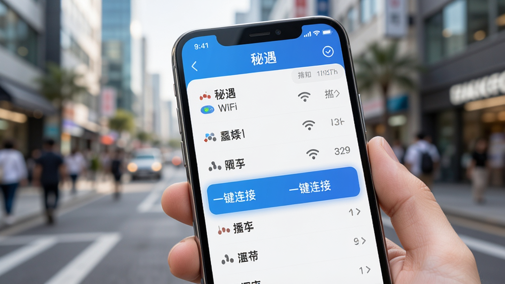 �ֻ���Ļ��д����ʾ��������App����ɨ����ΧWiFi���б����ж���ȵ����ƣ�����һ��������ѡ�в���ʾ��һ�����ӡ���ť��������ģ���ĳ��н־����������������дʵ������������