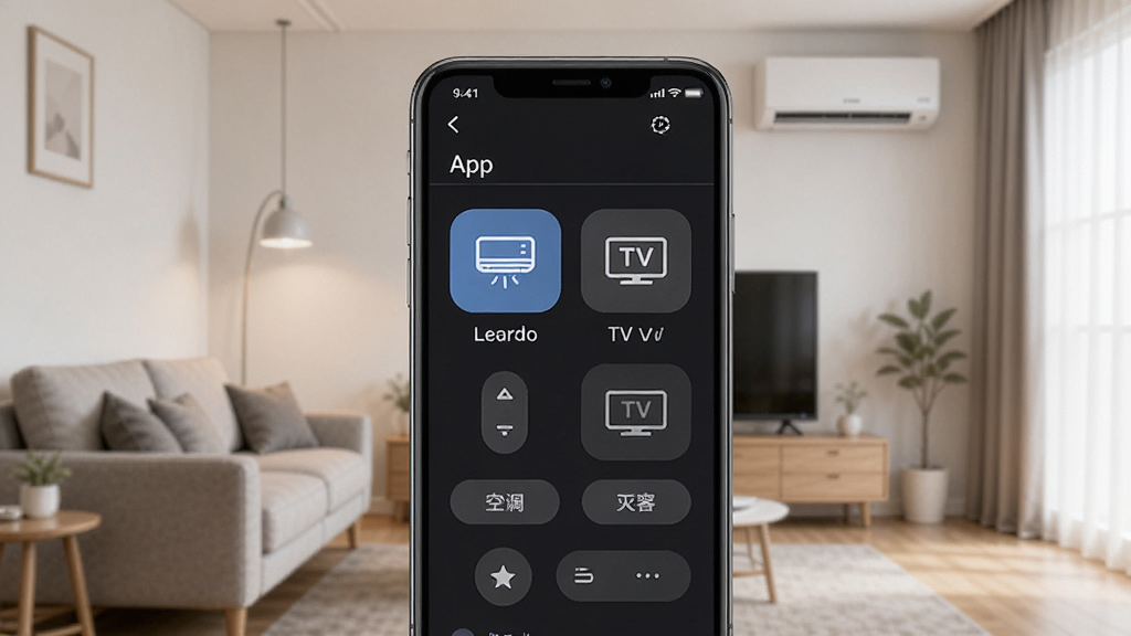 һ��չʾ�յ���������ң�����ֻ�App�������ͼƬ������������һ�������ֻ����ֻ���Ļ��ʾң�����������棬�������пյ��͵��ӵ�ͼ�갴ť����������ܰ�Ŀ�����������ɳ���Ϳյ����������ִ���࣬���������ɾ����޶���Ԫ��