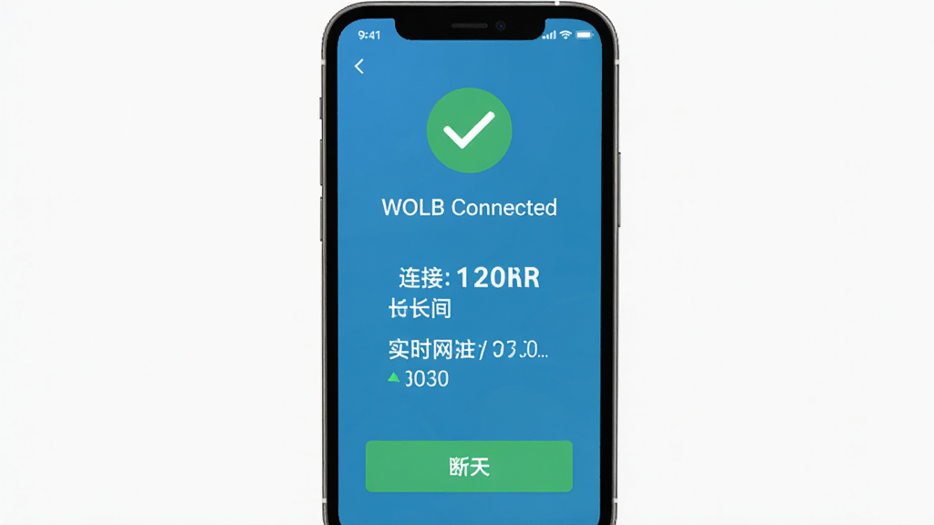 WOLB���ӳɹ�״̬���棬�ֻ���Ļ��ʾ������״̬����������ɫ�Թ�ͼ�꣬�м���ʾ����ʱ����ʵʱ���٣��ײ��жϿ���ť���������ƽ������ɫ������Ϊ�������������ɾ����޶���װ��Ԫ��