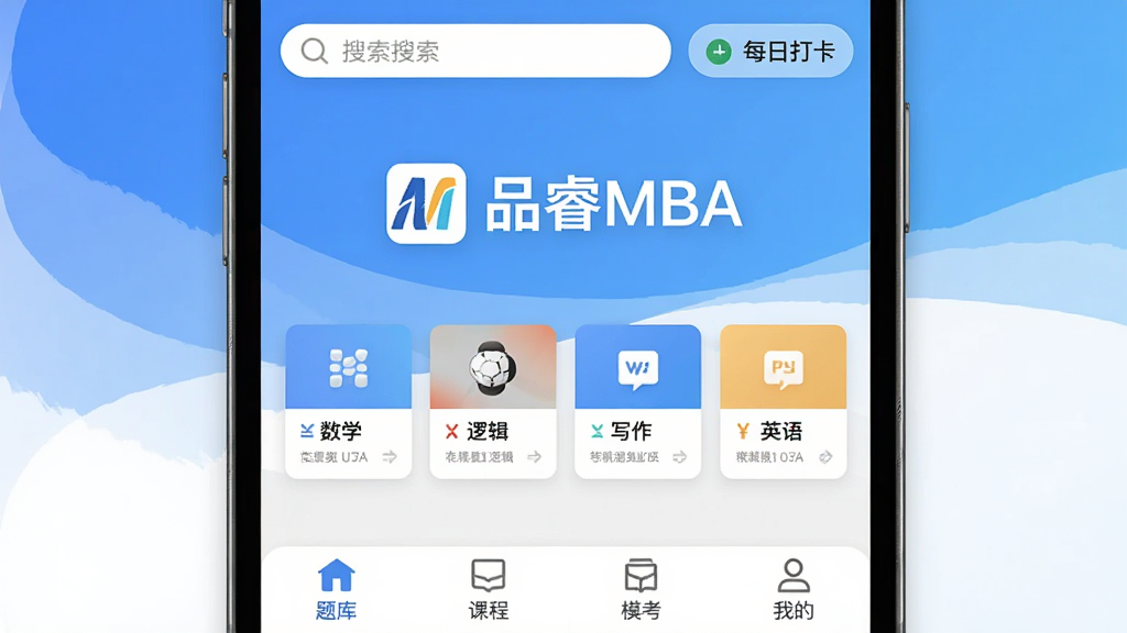 Ʒ�MBA�����������ͼ���ֻ���Ļ������ʾƷ�MBA��Logo�����ƣ�����Ϊ�ɾ������׽��䣬���涥�����������ÿ�մ���ڣ��м�����ѧ���߼���д����Ӣ���ĸ���Ŀ�Ŀ��ˢ�⿨Ƭ���ײ�����⡢�γ̡�ģ�����ҵ��ĸ�������ǩ���������ִ���ƽ���������������ʸɾ��޶���Ԫ��