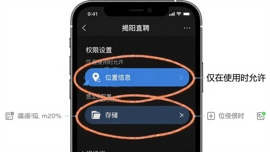 һ��ʾ��ͼ��չʾ������ֱƸ��APP��Ȩ�����ý��棬�ص�Ȧ����λ����Ϣ���͡��洢��Ȩ�ޣ��Ա������ֱ�ע������ʹ��ʱ������������࣬��������
