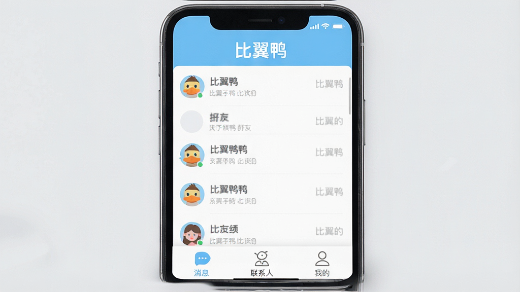 һ���ֻ���Ļչʾ���棬���������ǡ�����Ѽ��App����ҳ�棬����ɫ����ǳ���Ͱ�ɫΪ���������С�����Ѽ�����ֱ�ʶ���м��������б��ͺ���ͷ�񣬵ײ�����Ϣ����ϵ�ˡ��ҵ�����ѡ�������ɾ����࣬����ִ���ƽ�������������޶���Ԫ��