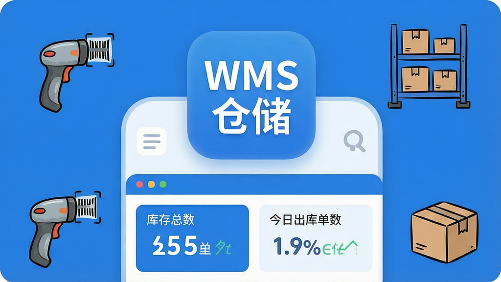 һ��չʾ�ֻ��ֿ����Ӧ���������ͼƬ�����������ǡ�WMS�ִ���Ӧ��ͼ�꣬ͼ���·��Ǽ������ݿ��壬��ʾ������������ճ��ⵥ�������֣���Χ������ɨ��ǹ�����ܡ�ֽ����ֻ���Сͼ�꣬���岼��������������ɫΪ��������ִ���ƽ��ϸ��Բ�󣬻��ʸɾ����޶���Ԫ��