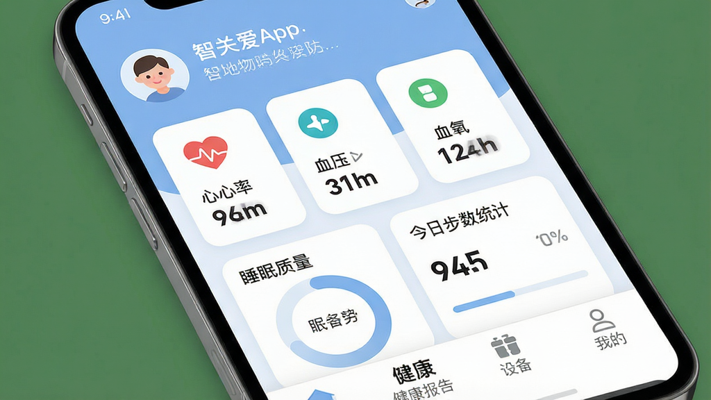 һ���ֻ���Ļչʾ�ǹذ�App�������ͼƬ�����涥����ʾ�û�ͷ����ʺ���м������ô������չʾ���ʡ�Ѫѹ��Ѫ��������Ľ������ݿ�Ƭ��ÿ�ſ�Ƭ���м���ͼ�����ֵ���·���˯����������ͼ�ͽ��ղ���ͳ�ƣ��ײ�����������ҳ���������桢�豸���ҵ��ĸ�ѡ���������ɫ����͵�����ɫΪ������ƬԲ����ƣ�����ɾ����࣬���������ɶ�������ִ���Լ�����ʸ����޶���Ԫ��