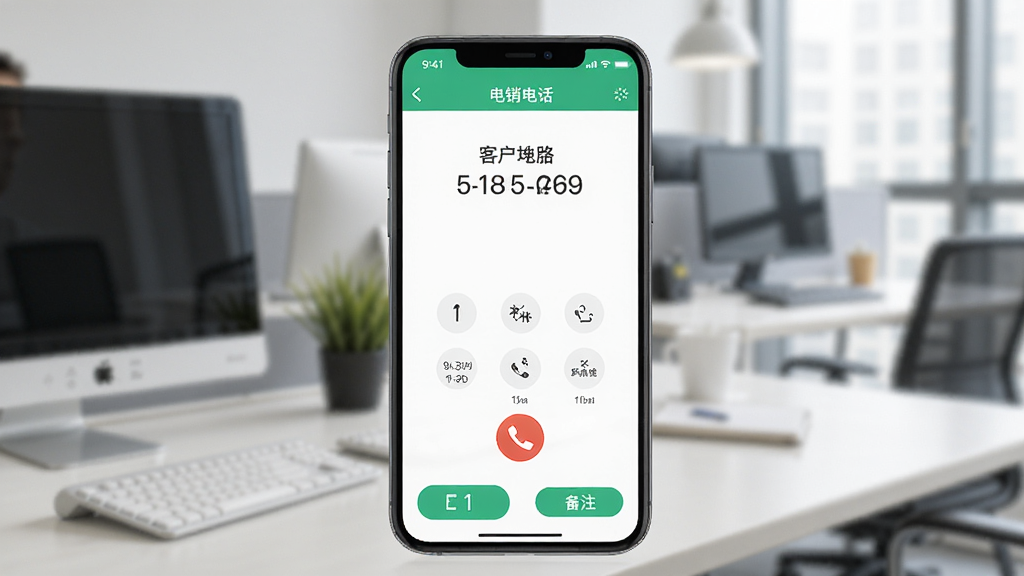 һ��չʾ�������绰�����ܲ��Ź��ܵ��ֻ�����ͼ���������ֻ���Ļ��ʾ���ڲ��ŵĽ��棬�Ϸ��пͻ������ͺ��룬�·���ͨ����ʱ�ͱ�ע��ť��������ģ���İ칫�ҳ��������дʵ������������ͻ���������绰��Ӧ�õ�ʵ���Ժͱ����