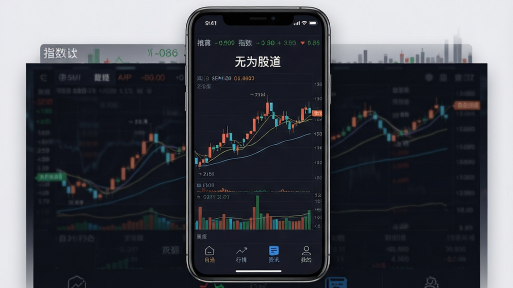一张手机应用界面展示图,画面中央是“无为股道”APP的主页,背景是深色系金融数据风格,顶部有股票指数滚动条,中间是K线图与均线指标,底部有自选、行情、资讯、我的四个图标,整体布局干净整洁,风格现代简约,细节清晰,画质高清,无多余元素