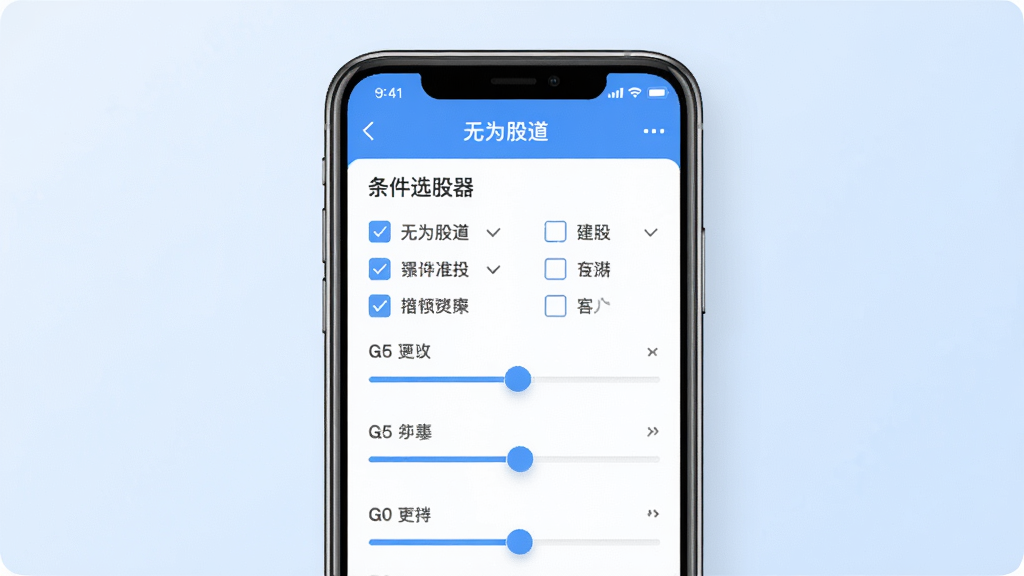 一张“无为股道”APP的选股界面图,画面中央是手机屏幕,屏幕上显示着条件选股器,有多个勾选框和滑动条,背景是淡蓝色渐变,风格科技感,细节清晰,画质干净,无多余元素