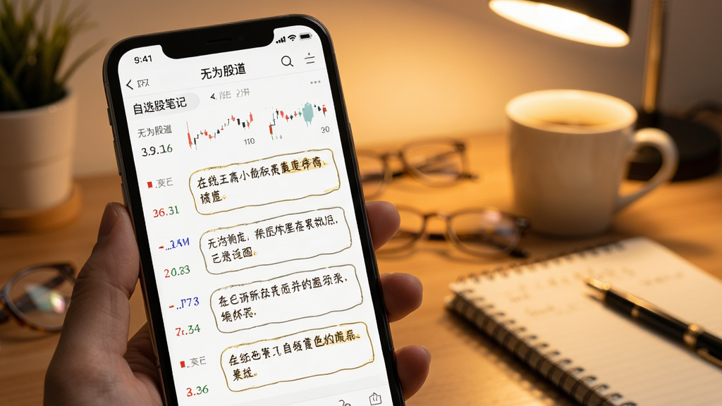 一张“无为股道”APP的自选股笔记界面图,画面主体是手机屏幕,屏幕内显示着自选股列表,每只股票下方有手写笔记样式的文本框,背景是温暖的书桌场景,风格温馨,细节清晰,画质干净,无多余元素