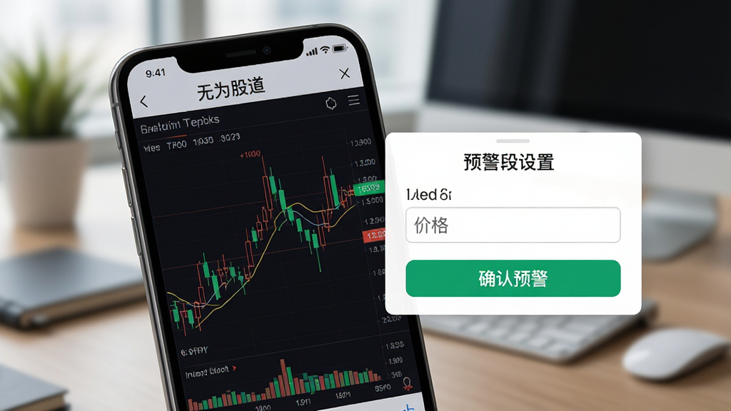 一张“无为股道”APP的功能展示图,画面主体是手机屏幕,屏幕内显示着股票K线图和预警设置弹窗,弹窗上有价格输入框和“确认预警”按钮,背景是模糊的办公桌面,风格写实,细节清晰,画质干净,无多余元素