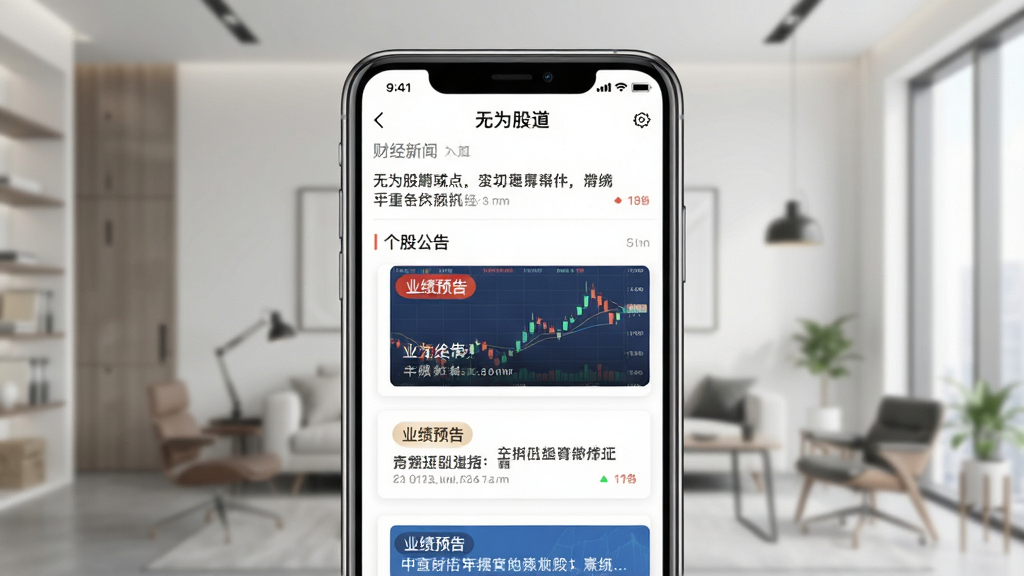 一张“无为股道”APP的资讯页面图,画面主体是手机屏幕,屏幕内显示着财经新闻列表和个股公告卡片,卡片上有“业绩预告”字样的标签,背景是简约的室内环境,风格商务,细节清晰,画质干净,无多余元素
