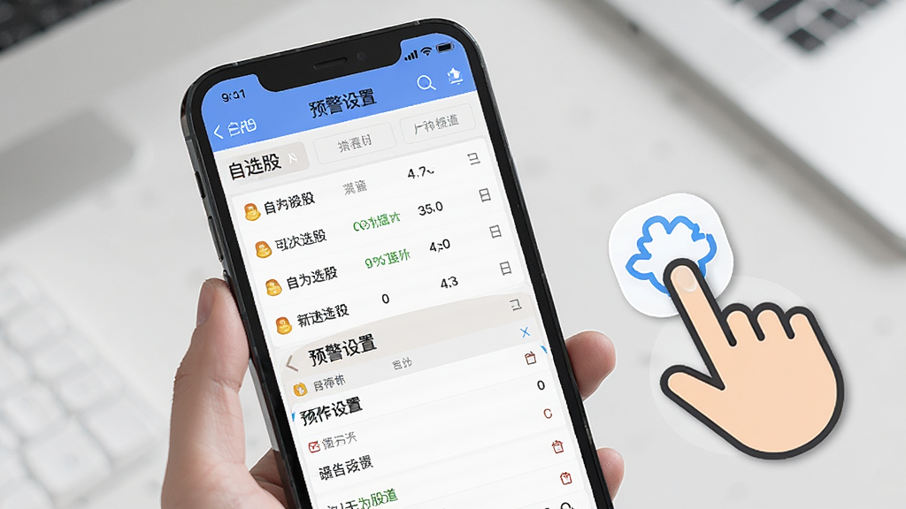 一张“无为股道”APP在手机上的操作示意图,画面主体是手机屏幕,屏幕上显示着自选股列表和预警设置界面,旁边有手指点击的图标示意,背景是简洁的桌面,风格教程类,细节清晰,画质干净,无多余元素