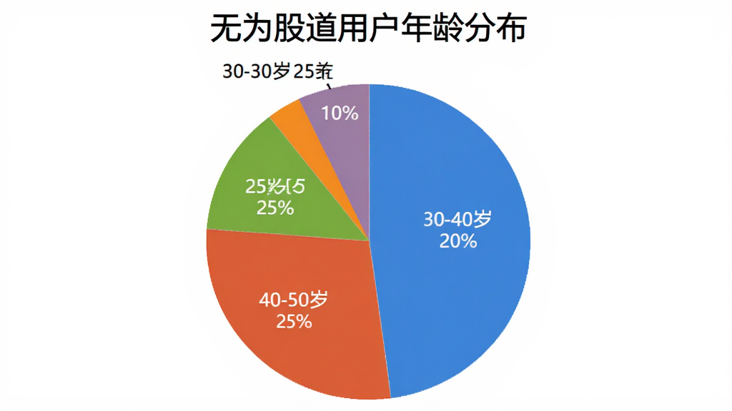 一张饼状图,标题为“无为股道用户年龄分布”,图中显示20-30岁占25%,30-40岁占40%,40-50岁占25%,50岁以上占10%,饼图颜色区分明显,背景干净,画质清晰,无多余元素