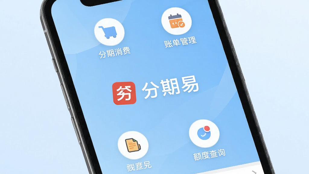 一张手机屏幕展示分期易应用主界面,界面中央是分期易的Logo和名称,周围环绕着分期消费、账单管理、额度查询等功能图标,背景是简洁的浅蓝渐变,风格现代扁平化,画质干净清晰,无多余元素