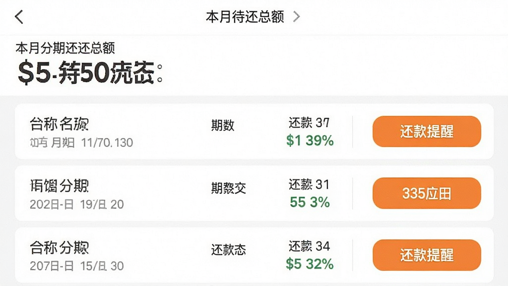 一张分期易应用内账单管理页面的截图,页面顶部显示本月待还总额,下方列表展示每笔分期的名称、期数和还款状态,右侧有醒目的还款提醒按钮,界面风格清爽,文字清晰可辨,画质干净