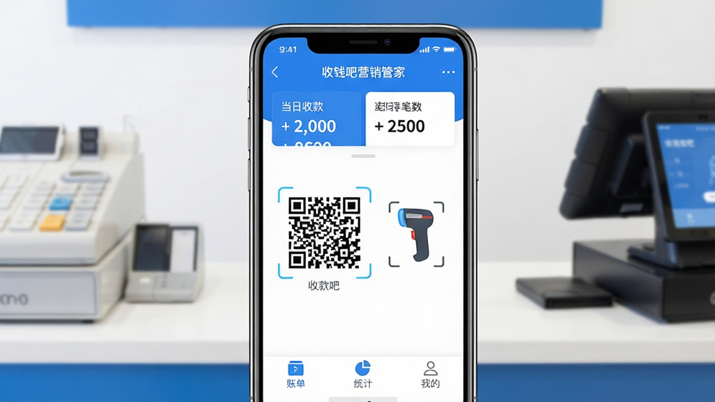 һ��չʾ��Ǯ��Ӫ���ܼ�app���Ľ����ͼƬ�������������ֻ���Ļ����Ļ����ʾ��Ǯ��Ӫ���ܼҵ������棬�����е����տ���ͱ������м����տ��ά���ɨ��ǹͼ�꣬�ײ����˵���ͳ�ơ��ҵ�����ѡ����������������������̨�������������ִ���ƽ��ɫ��������Ϊ�������ʸɾ��������޶�������Ԫ��