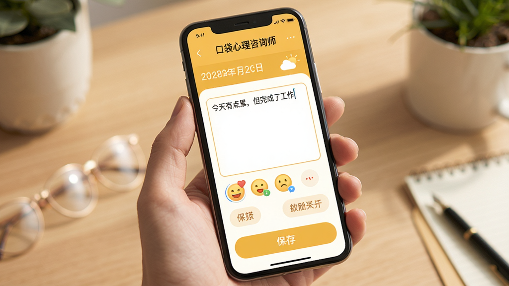 �ֻ���Ļչʾ���ڴ�������ѯʦ���������ռǱ༭ҳ�棬�Ϸ������ں�����ͼ�꣬�м����ı��������ʾ�������е��ۣ�������˹��������·��б���ѡ�����ͱ�ǩ��ť���ײ��ǡ����桱��ť��������ů��ɫ�Ͱ�ɫΪ���������ܰ�����ʸɾ����ࡣ