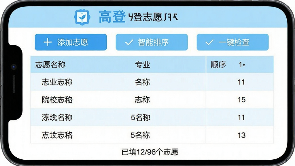 һ���ֻ�Ӧ�ý���Ľ�ͼ���ͼƬ��չʾ���ߵ�־Ը��App��־Ը������ҳ�棬��������һ��������ʽ��־Ը�б���ÿһ����ʾ��ԺУ���ơ�רҵ���ƺ�־Ը˳���ţ������Ϸ��С�����־Ը�����������򡱡�һ����顱�������ܰ�ť��ҳ��ײ���ʾ������12/96��־Ը�������岼����������ɫ��ǳ��ɫ�Ͱ�ɫΪ�������ʸɾ��������޶���Ԫ��