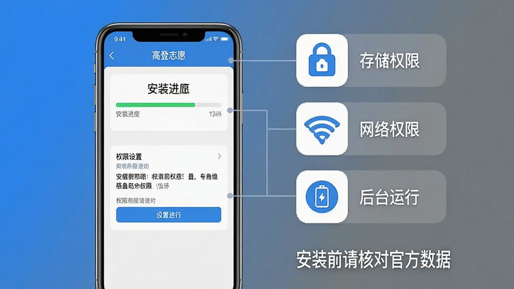 һ��AI���ɵ���Ϣͼ������չʾһ���ֻ���Ļ����Ļ����ʾ���ߵ�־Ը��App�İ�װ��������Ȩ�����ý��棬��Ļ�Ա��м���ͼ��ֱ�������洢Ȩ�ޡ�������Ȩ�ޡ�����̨���С����·���һ�����֡���װǰ��˶Թٷ����ݡ�����������ʵ�ã���ɫ����ɫ�ͻ�ɫΪ�������ʸɾ��������޶���Ԫ��