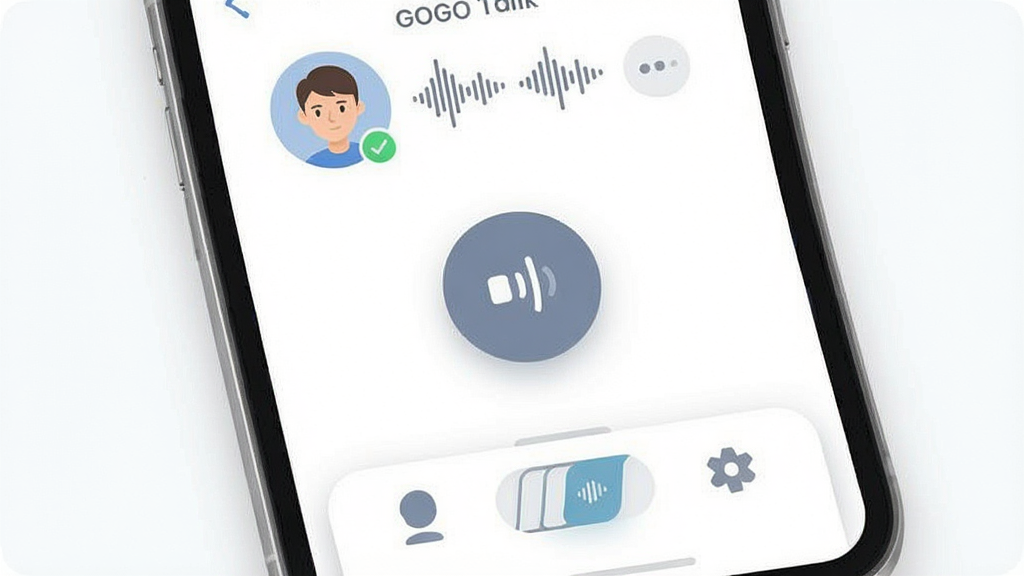 һ��չʾGOGO Talk�������Ľ����ͼƬ��������һ����Լ���������ֻ���Ļ����Ļ����ʾ��GOGO Talk�ĶԻ���ϰ���棬��Բ��ͷ�����������ͼ�꣬���ֲ������½ṹ���������û�ͷ�������״̬���м�����Ŀ������ͨ����ť���ײ��ǹ����л������Ű�ɾ����࣬���Ϊ�ִ���ƽ����ƣ�ϸ���ϴ�����͵���Ӱ��Բ�ǣ��������������������ɾ��޶���Ԫ�ء�