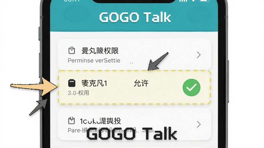 һ��չʾGOGO Talk�������ý����AI��ͼ��������һ���ֻ���Ļ��ͼ���Ļ��棬��Ļ����ʾ��Ȩ�������б�����˷�Ȩ�ޱ�������עΪ�����������Ա�����ɫ�Թ�ͼ�꣬���ֲ����б�ʽ�Ű棬���Ϊ����UI˵��ͼ��ϸ���ϴ��м�ͷָʾ�����ֱ�ע�����������������ɾ��޶���Ԫ�أ�ͼƬ�д����֡�GOGO Talk����