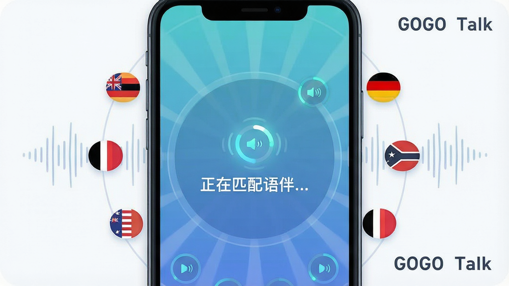 һ��չʾGOGO Talkʵʱ����ƥ�书�ܵ�AI��ͼ��������һ���ֻ���Ļ��д����Ļ������ʾ�š�����ƥ�����...���ļ��ض�������Χ�����Ų�ͬ���ҵĹ���Сͼ����������������ֲ��þ��з���״���Ű��࣬���Ϊ�Ƽ������׺�����ϵĲ廭�磬ϸ��������ͼ����к�����Ч�������ʸ��壬�����ɾ��޶���Ԫ�أ�ͼƬ�д����֡�GOGO Talk����
