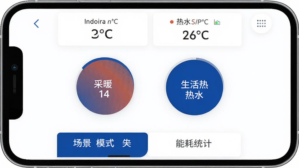 ���ܼ�APP������ȫòչʾ���ֻ���Ļ���������ܼ�App����ҳ��������ʾ�����¶Ⱥ���ˮ�¶ȣ��м��ǲ�ů��������ˮ������Բ�ο��ư�ť���ײ��ǳ���ģʽ���ܺ�ͳ�Ʊ�ǩ��������ɫ���������ִ�����ƽ����ƣ����ʸɾ��������޶���Ԫ��