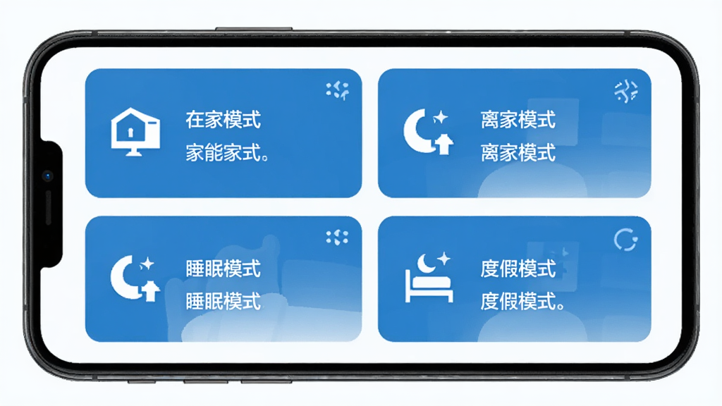 ���ܼ�APP����ģʽѡ����棬�ֻ���Ļ��ʾ�ĸ�������Ƭ���ֱ��ע�ڼ�ģʽ�����ģʽ��˯��ģʽ���ȼ�ģʽ��ÿ����Ƭ�ж�Ӧ��ͼ��ͼ��˵����������ɫ��������ֱ�ۣ����ʸɾ�