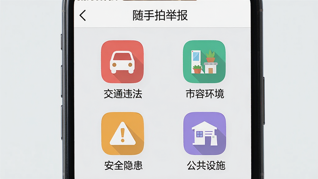 �����ľٱ�App����ѡ����棬�ֻ���Ļ��ʾ����״ͼ���б�����������ͨΥ���������ݻ���������ȫ��������������ʩ���ĸ���ɫͼ�꣬ÿ��ͼ���·��ж�Ӧ���ֱ�ǩ�����涥���С������ľٱ���������������Ϊǳ��ɫ������������������ƽ����Ʒ�񣬻��ʸɾ����޶���Ԫ��