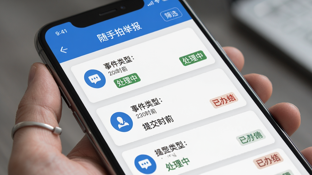 �����ľٱ�App����׷��ҳ�棬�ֻ���Ļ��ʾ�б�ʽ��¼��Ƭ��ÿ�ſ�Ƭ�����¼�����ͼ�ꡢ�ύʱ�䡢״̬��ǩ�������С����Ѱ�ᡱ�������С������ľٱ��������ɸѡ��ť��������ÿ�Ƭʽ���֣����׻���ɫ����������񣬻�����������������Ϣ