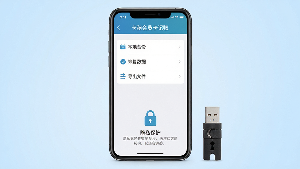 һ��չʾ���ػ�Ա������Ӧ�������ݱ����밲ȫ���ý����ͼƬ������������һ���ֻ�����Ļ����ʾ�ſ��ػ�Ա�����˵�����ҳ�棬�����б��ر��ݡ��ָ����ݡ������ļ���ѡ�ҳ���·��а�ȫ��ͼ�����˽����˵�����֣��ֻ��Ա߷���һ��U�̺�һ��С����Ϊ��ȫ���������ֲ��þ��й�ͼ���Ű������ˣ�������ؿɿ���ϸ����ͼ��������ϸ������Ϊǳ��ɫ���䣬���ʸɾ��������޶���Ԫ�ء�