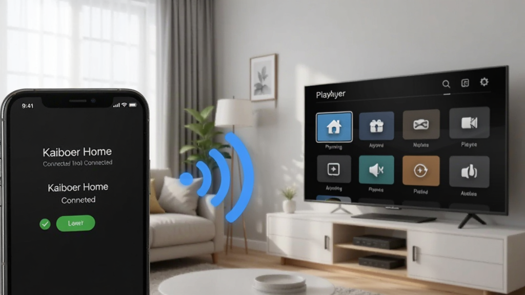 һ���ֻ��͵��Ӳ�����ͨ��WiFi���ӵ�ʾ��ͼ������������ֻ���Ļ��ʾ��Kaiboer Home��������״̬���Ҳ��ǵ�����Ļ��ʾ�����������棬�м�����ɫ�����ź�ͼ�����ӣ�����Ϊ��ͥ����������������ִ������ʸɾ��������޶���Ԫ��