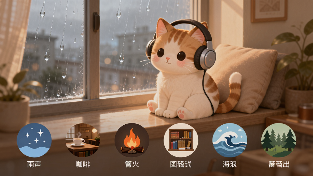 ��è���ɷ����ӵİ�����ѡ����棬����������һֻ���Ŷ�����Сè���ڴ��ߣ����������꣬�����·�����������Բ��ͼ��ֱ����������������������ͼ��ݡ����˺�ɭ�֣�ÿ��ͼ���·������ı�ǩ������ɫ��ƫů���廭�����ͣ����ʸɾ��޶���Ԫ��
