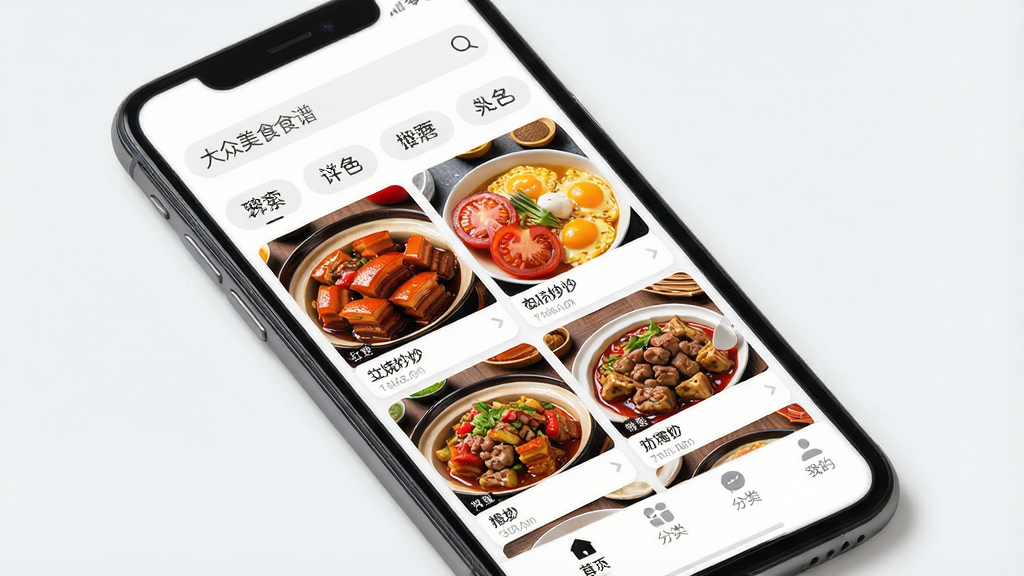 һ��չʾ��������ʳʳ�ס�APP����ȫò��ͼƬ��������һ�������ֻ���Ļ����Ļ����ʾ��APP�������棬�������к����⡢�����������������˵Ĳ�ƷͼƬ�������ķ����ǩ�������Ƕ������������м��ǹ����Ʒ�Ƽ����ײ��Ƿ��ർ�����Ű������ˣ�������ִ���ƽ����ƣ�ϸ���ϲ�ƷͼƬɫ�������������������ʸ��壬�ɾ����޶���Ԫ��