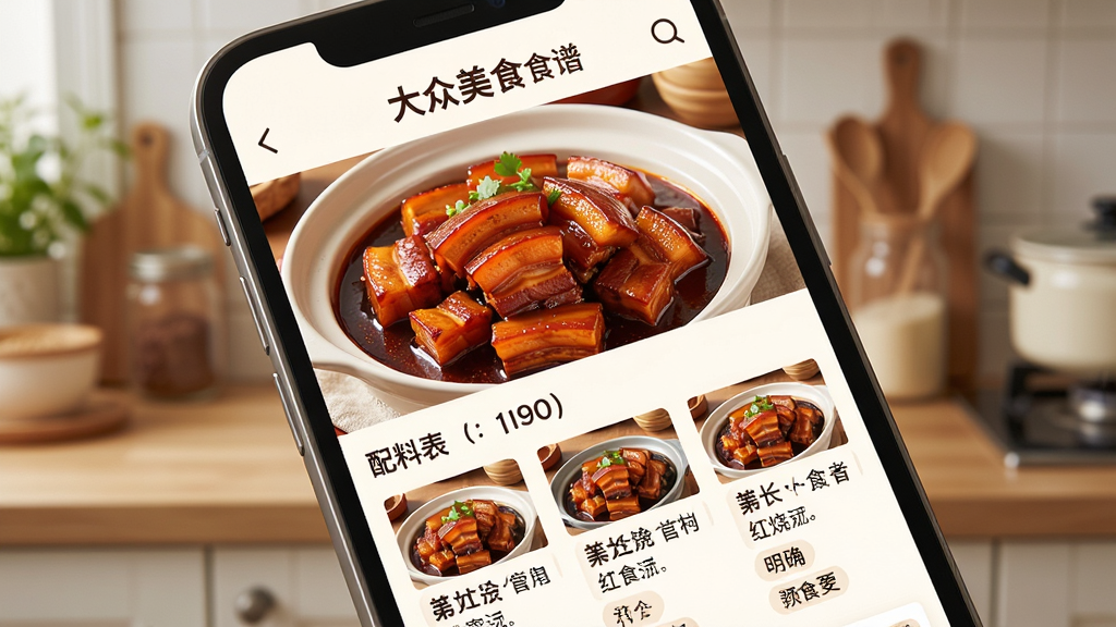 һ��չʾ��������ʳʳ�ס�APP��ҳ��ͼƬ���������ֻ���Ļ��ʾ��һ�����������ϸ�������裬�����Ƕ�����ͼչʾ��Ʒ�������Ƿֲ����ͼ��˵�����Ű��������������ܰ�ļ�ͥ����ɫ����ϸ���ϲ������ִ�����������ϱ���ȷ�����ʸ��壬�ɾ����޶���Ԫ��