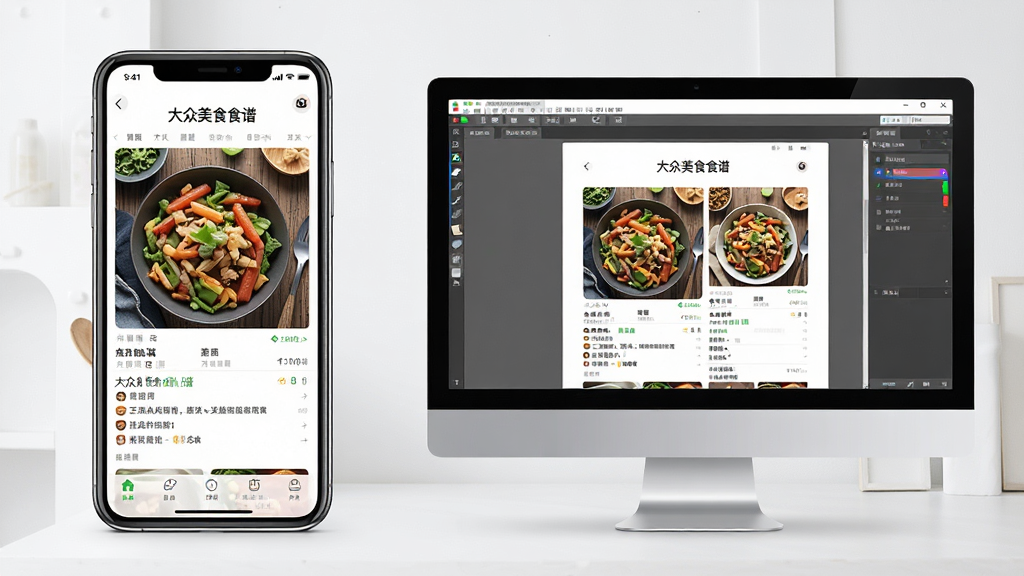 һ��չʾ��������ʳʳ�ס�APP���ֻ��͵���ģ������ͬʱ���е�ͼƬ�����������һ���ֻ���ʾ�������飬�ұ�һ��������Ļ��ʾģ�������APP���棬���������ҶԱȣ��Ű�����������ǿƼ���������н�ϣ�ϸ�����ֻ��͵�����Ļ����һ�£����ʸ��壬�ɾ����޶���Ԫ��