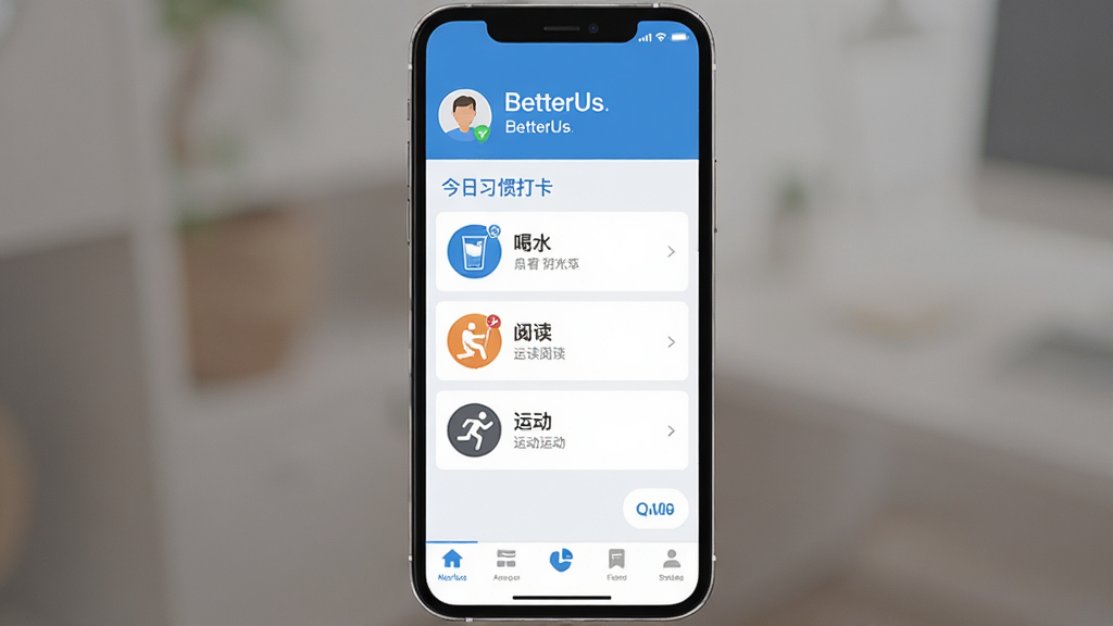 BetterUs ����������ȫòչʾ���ֻ���Ļ������ʾ����ϰ�ߴ��б���������ˮ���Ķ����˶�ͼ�꣬���岼�ּ�࣬������ɫ���������û��ʺ���ײ���������������ƽ����Ʒ�񣬻��ʸɾ����޶���Ԫ��