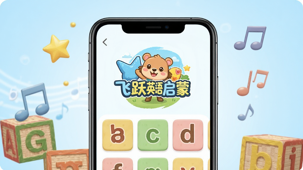 һ��չʾ����ԾӢ�����ɡ�App����ȫò������ͼ������������һ���ֻ����ֻ���Ļ����ʾ�š���ԾӢ�����ɡ��Ŀ�ͨLogo����Ȼƴ����ĸ��Ƭ�Ľ��棬�ֻ���Χ��������ĸ��ľ��С���Ǻ�������Ԫ�أ���������͵�ǳ��ɫ���䣬������»��ã��ʺ϶�ͯ�������������ʸɾ����޶���Ԫ��